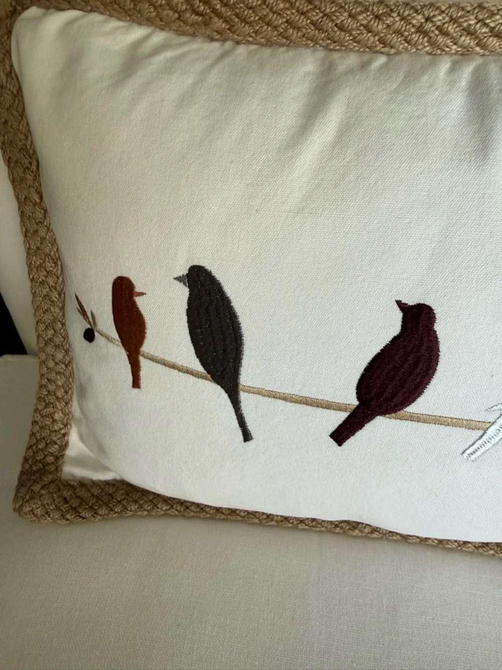 DOMAIN Cotton Jute Embroidered Bird Accent Pillow Duck Feather Insert 14x21